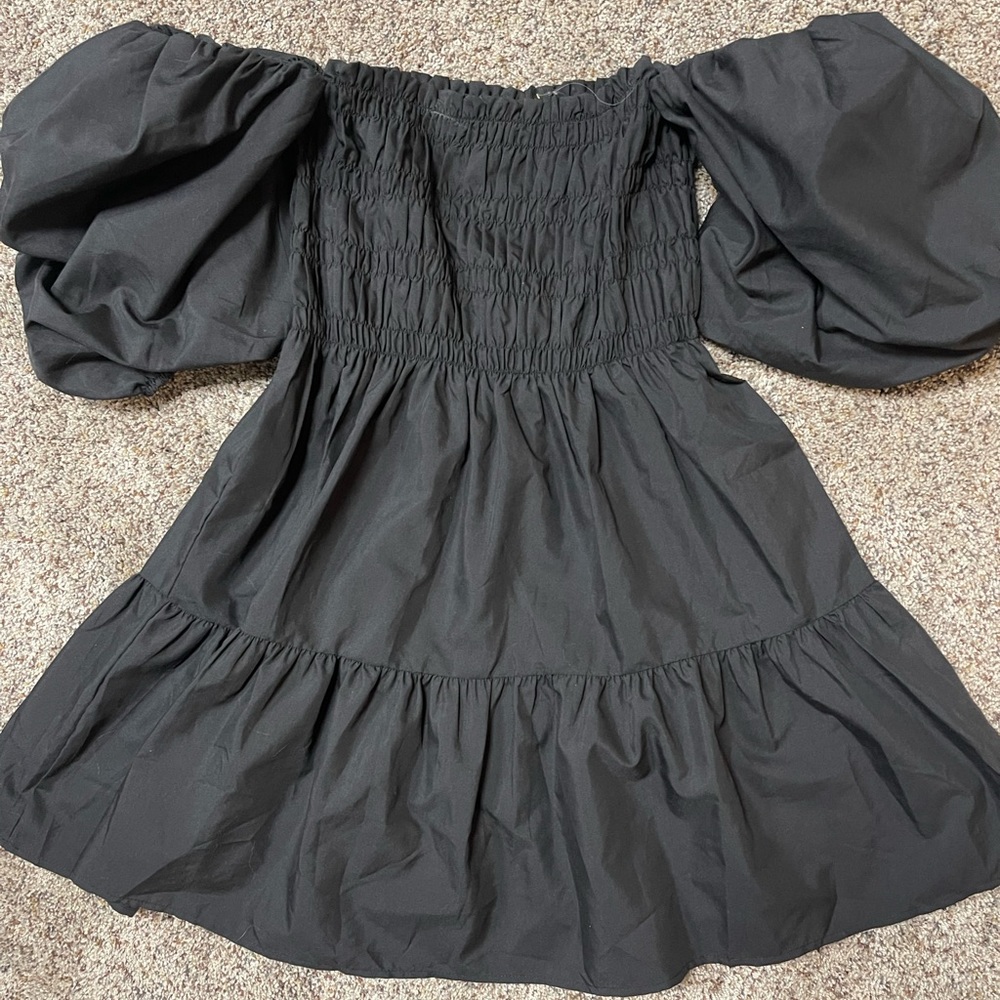 Bubble sleeve smocked black babydoll dress